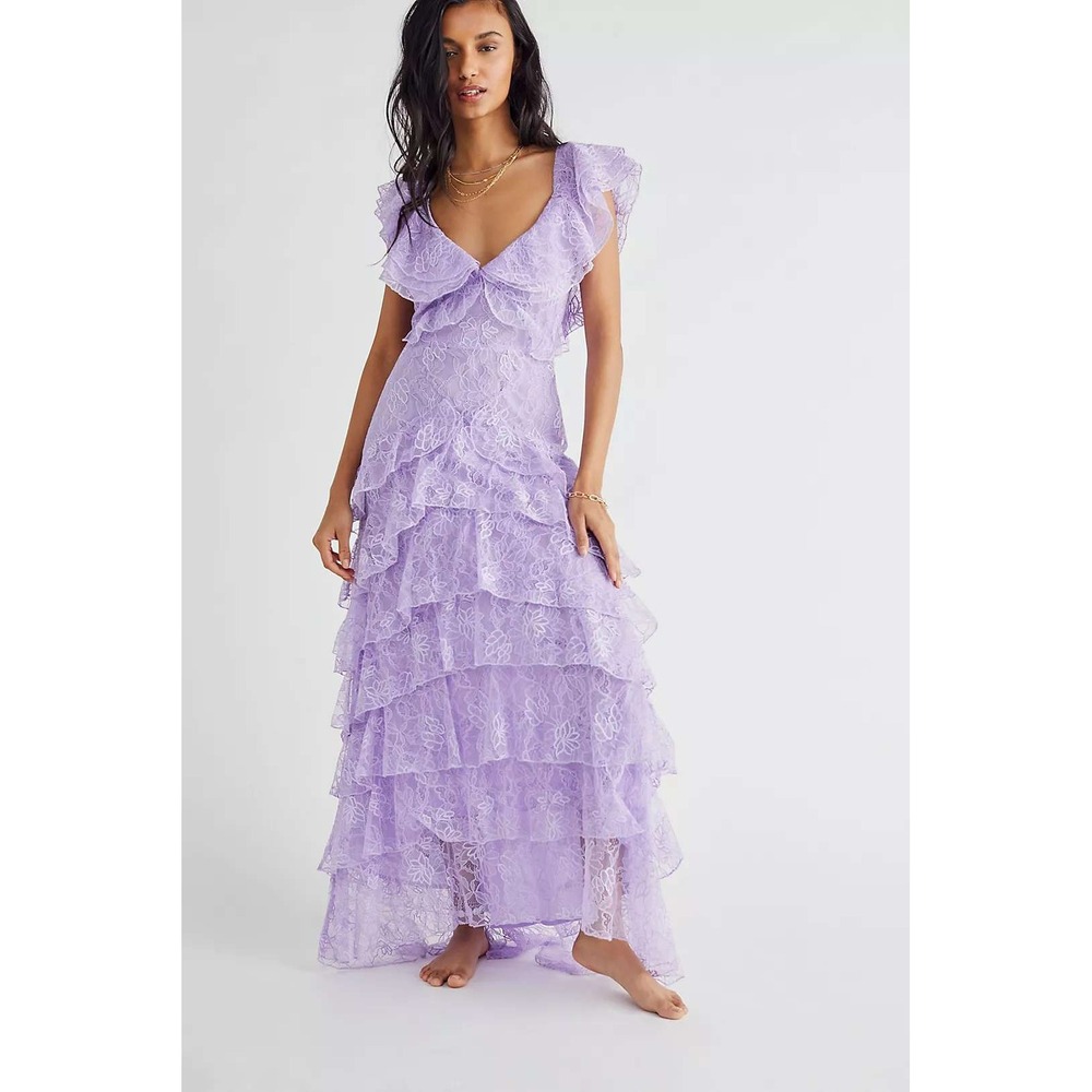 Sau Lee Lavender Lace Rosie Gown, Tiered Skirt Low Back‎ Boho Romantic Formal 10